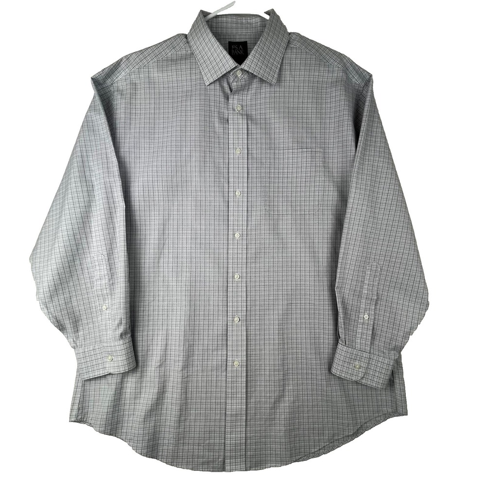 Jos A Bank Traveler 17.5 34 Gray Check Dress Shirt 100% Cotton
